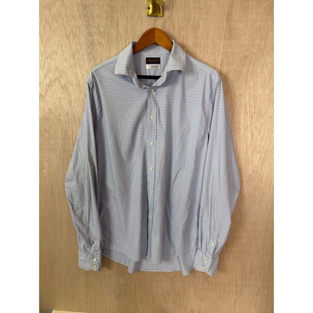 Thomas Dean Performance Mens XL Blue White Micro Check Button Down Shirt LS